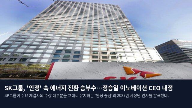 SK그룹, '안정' 속 에너지 전환 승부수…정승일 이노베이션 CEO 내정
SK그룹이 주요 계열사의 수장 대부분을 그대로 유지하는 '안정 중심'의 2027년 사장단 인사를 발표했다.