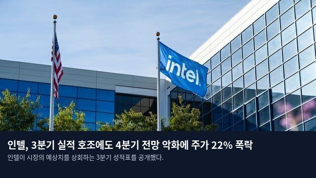 인텔, 3분기 실적 호조에도 4분기 전망 악화에 주가 22% 폭락