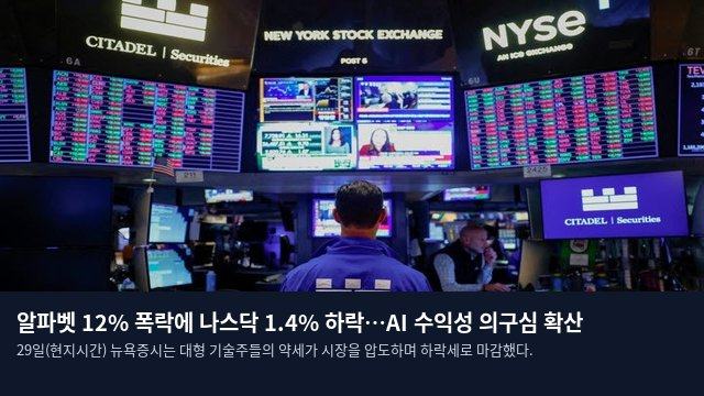 알파벳 12% 폭락에 나스닥 1.4% 하락…AI 수익성 의구심 확산
