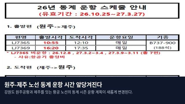 원주-제주 노선 동계 운항 시간 앞당겨진다