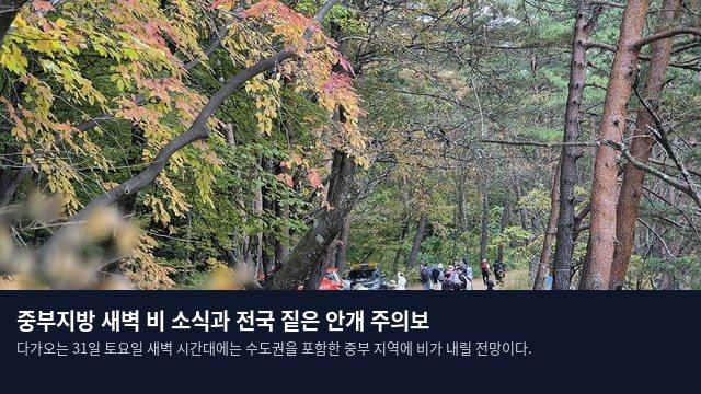 중부지방 새벽 비 소식과 전국 짙은 안개 주의보
다가오는 31일 토요일 새벽 시간대에는 수도권을 포함한 중부 지역에 비가 내릴 전망이다.