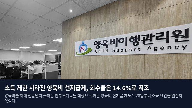 소득 제한 사라진 양육비 선지급제, 회수율은 14.6%로 저조
양육비를 제때 전달받지 못하는 한부모가족을 대상으로 하는 양육비 선지급 제도가 29일부터 소득 요건을 완전히 없앴다.