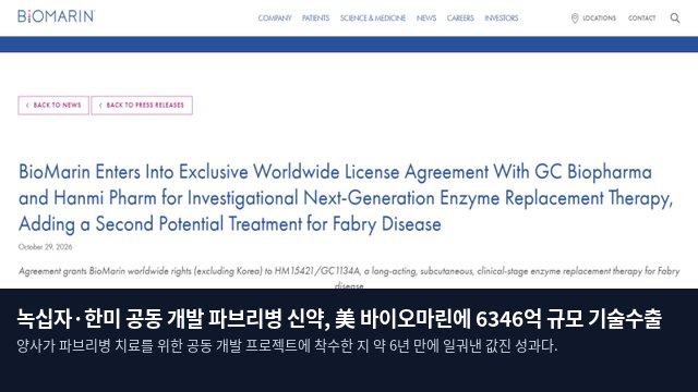 녹십자·한미 공동 개발 파브리병 신약, 美 바이오마린에 6346억 규모 기술수출